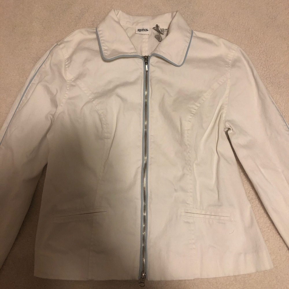 White zip up jacket with blue trim, size 10